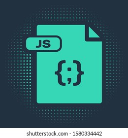 Green JS file document. Download js button icon isolated on blue background. JS file symbol. Abstract circle random dots. Vector Illustration