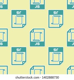 Green JS file document icon. Download js button icon isolated seamless pattern on yellow background. JS file symbol. Vector Illustration