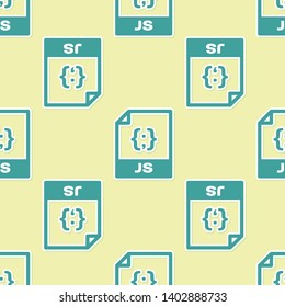 Green JS file document icon. Download js button icon isolated seamless pattern on yellow background. JS file symbol. Vector Illustration