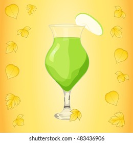 Green juice with a slice of apple on a yellow background with autumn leaves. Apple juice background. Isolated vector object.
