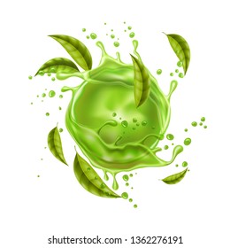 Green juice splash with green leaves. Realistic juicy swirl flow for kiwi, avocado or spinach juice package design. Vector fresh liquid explosion with florals. 3d vegetarian drink or green tea