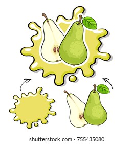 Green juice splash with pear fruit. Vector illustration. Good for packaging design.