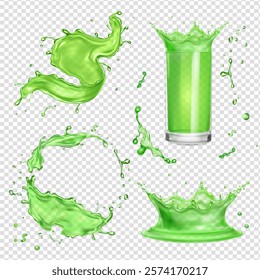 Green juice splashes on a white background, Lime juice set with mojito splashing and drinking glass. Lemonade beverage liquid