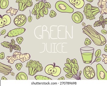 Green juice vector illustration. Background with vegetable frame. Food doodle design with place for text