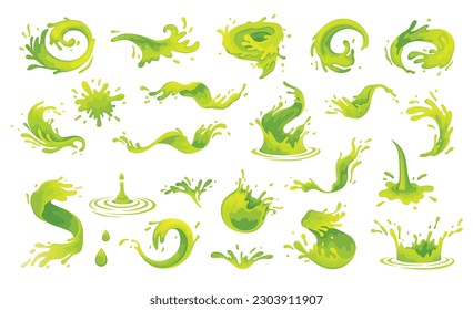 Jugo verde, agua o salpicaduras de aceite. salpicaduras de río, olas verdes, rociadores, derrames, gotas de agua goteando. Lime, mojito ilustración vectorial de flujo realista. Set de exposición de salpicaduras de agua de té verde, gota de jugo de alote