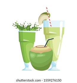 green juices glasses and coconut drink over white background, vector illustration