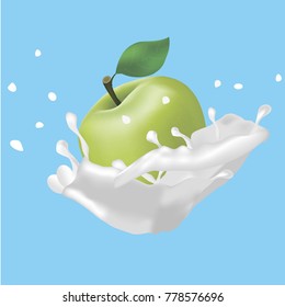 A green juicy apple with a twig and leaf in splashes of fresh milk or cream.