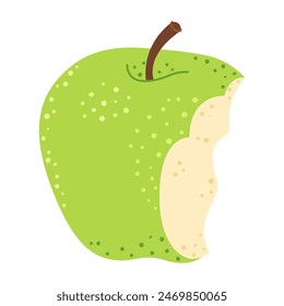 Green juicy bitten apple. Apple eaten cartoon image art. Hand drawn trendy flat style isolated. Healthy vegetarian snack, bitten apple for design, infographic. Vector illustration