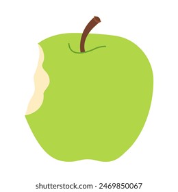 Green juicy bitten apple. Apple eaten cartoon image art. Hand drawn trendy flat style isolated. Healthy vegetarian snack, bitten apple for design, infographic. Vector illustration