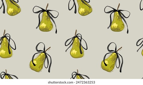 
Green juicy pears with black bows. Romantic ribbon bows on a light background. Trendy 
seamless pattern for clothing, textiles and home decor