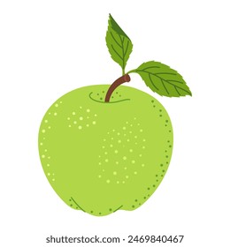 Green juicy ripe apple with green leaf. Hand drawn green apple trendy flat style isolated vector illustration. Apple harvest. Healthy vegetarian snack, fresh apple for design, infographic.