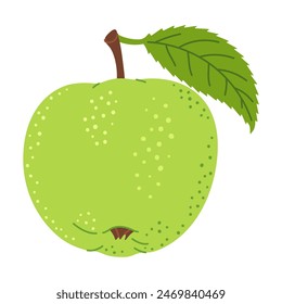 Green juicy ripe apple with green leaf. Hand drawn green apple trendy flat style isolated vector illustration. Apple harvest. Healthy vegetarian snack, fresh apple for design, infographic.