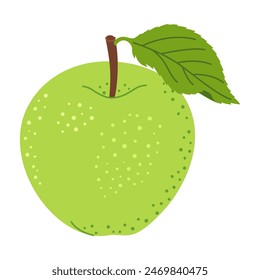 Green juicy ripe apple with green leaf. Hand drawn green apple trendy flat style isolated vector illustration. Apple harvest. Healthy vegetarian snack, fresh apple for design, infographic.