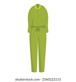 Green jumpsuit with long sleeves, a collar, and a belt, showcasing a minimalist fashion design