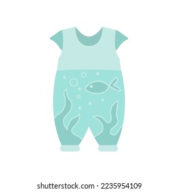 Green jumpsuit with marine theme for children isolated on white background. Clothes for newborn boy and girl cartoon illustration. Babys apparel concept