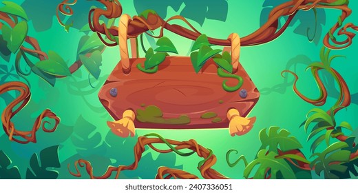 Green jungle background with liana twisted and tangled branch with leaves and wooden sign board with empty space for text. Cartoon vector rain forest scenery with long climbing plant vine with foliage