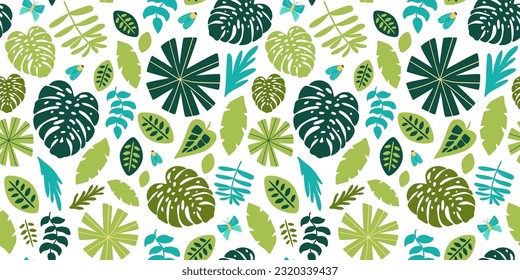 Green jungle floral seamless pattern. Tropical leaves, palm leaves, safari nature background. Vector rainforest repeat background with monstera leaf illustration. Summer vibes wallpaper design.