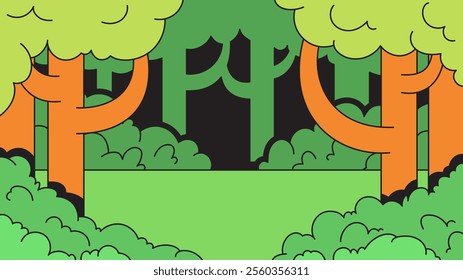 Green jungle forest landscape background playful illustration with stylized trees and lush greenery