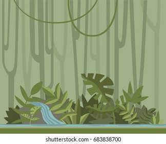 Green jungle forest with river. Vector background illustration.