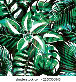 green jungle illustration seamless pattern on night background. abstract tropical plant leaves pattern. Seamless pattern with hand drawn flower. Vintage. Good for bedding, textile, fabric, wallpaper