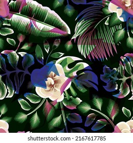 ilustración de la jungla verde patrón sin fisuras en el fondo nocturno. Patrón creativo sin fisuras con plantas tropicales sobre fondo oscuro. Diseño de vectores. Impresión de selva plana. Fondo floral. Diseño de verano