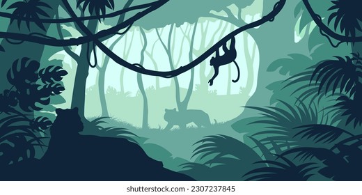 El paisaje de la jungla verde. Silhouette de selva tropical. Panorama forestal con tigres y monos. Fondo horizontal tropical. Ilustración del vector