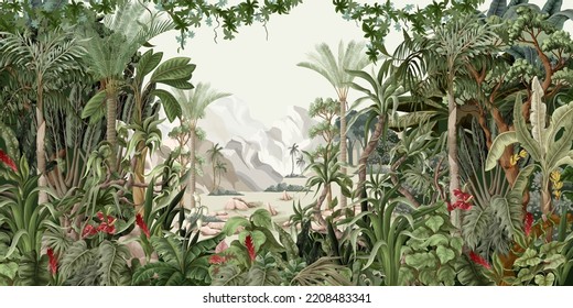 Green jungle landscape with tropical trees and plants. Vector