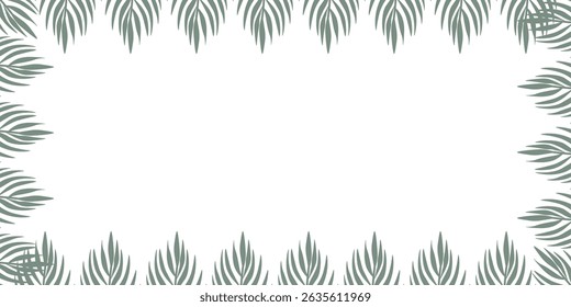 Green jungle leaf border on white background with designated space for text. Exotic design ideal for flyers, invitations, posters, banners, and web projects