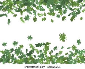 Green jungle leaves flying vector pattern, isolated on white. Exotic nature illustration. Card, banner background with equatorial nature. Floral graphic design with tropical flying leaves. 