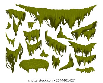 Green jungle moss. Hanging moss plants, creeping lichen moss flat vector illustration set. Cartoon rainy forest flora collection