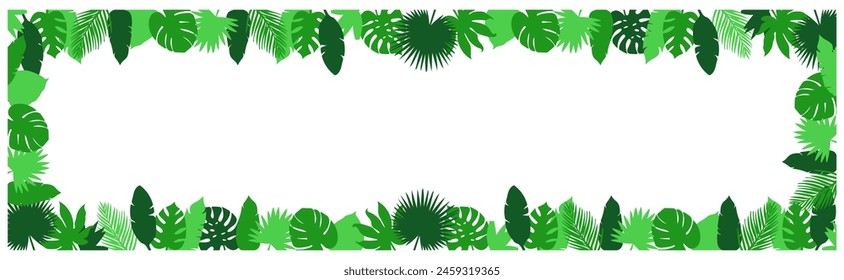 green jungle plants exotic. Tropical leaves banner, Nature frame with banana and monstera foliage, forest coconut palm, posters with flat elements.	