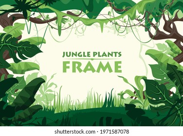 Green jungle plants frame with inscription in the middle flat vector illustration