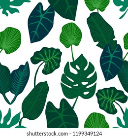 Green jungle print. Seamless vector pattern with different palm leaves. On white background.