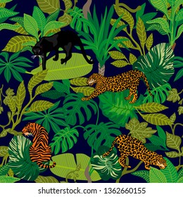 Green jungle. Seamless vector pattern with tropical plants, tigers panthers and leopards. Safari textile collection.