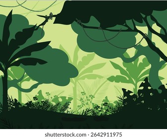 Green Jungle Silhouette Vector Background in Tropical Forest Style