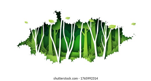 Green Jungle Tropical Rain Forest Nature Landscape Background Paper Art Style.Vector Illustration.