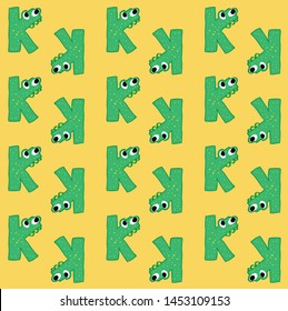 Green K letter cute monster pattern vector
