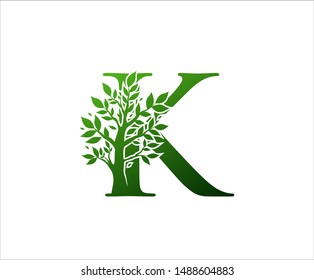 Green K Logo Letter Created From  Tree with the branchs and leaves. Tree Letter Design with Ecology Concept.