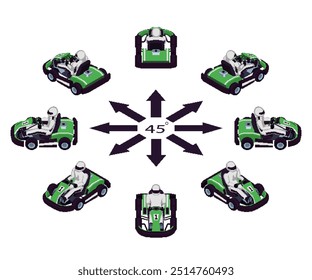 Kart verde com driver no estilo pixel art. Superkart em diferentes ângulos em isométrica. 