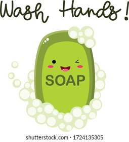 Green kawaii soap with Wash Hands! title