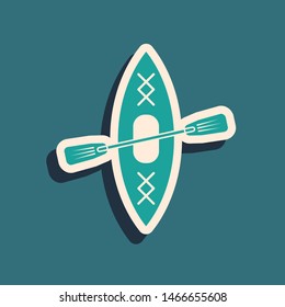 Green Kayak and paddle icon isolated on blue background. Kayak and canoe for fishing and tourism. Outdoor activities. Long shadow style. Vector Illustration