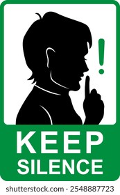 Verde KEEP SILENCE Sticker Template, sinal de vetor simples para zonas tranquilas, gráfico EPS editável isolado no fundo branco