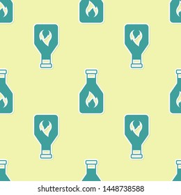 Green Ketchup bottle icon isolated seamless pattern on yellow background. Vector Illustration