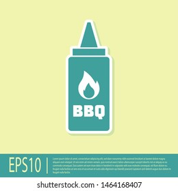 Green Ketchup bottle icon isolated on yellow background. Fire flame icon. Barbecue and BBQ grill symbol. Vector Illustration