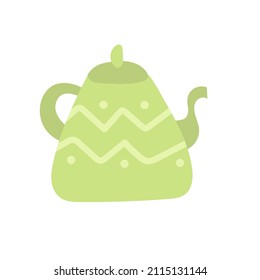 Green kettle - hand drawn vector doodle illustration. Cartoon pot. Isolated on white background. Hand drawn simple element