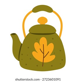 Chaleira verde com motivo de folha e punho. Para menus de café, marca de chá, decoração de cozinha, adesivos, cartazes, banners da web.
