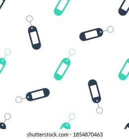 Green Key chain icon isolated seamless pattern on white background. Blank rectangular keychain with ring and chain for key. Vector.