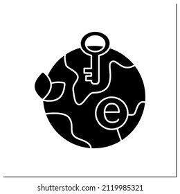 Green key glyph icon. Mark. Ecolabel for hotels, campsites, holiday parks, small accommodations. Eco friendly space. Eco awareness concept. Filled flat sign. Isolated silhouette vector illustration