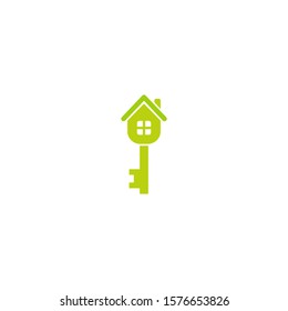 green key with home icon. Vector illustration isolated on white. Home, house, flat, estate symbol.  Vector building symbol. friendly house. Home sweet home