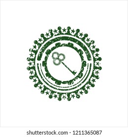Green key icon inside distressed rubber stamp